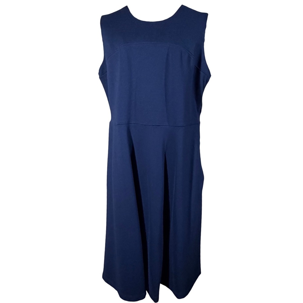 Lands End Navy Blue Ponte Knit Sleeveless Fit Flare Dress Pockets Preppy 14P